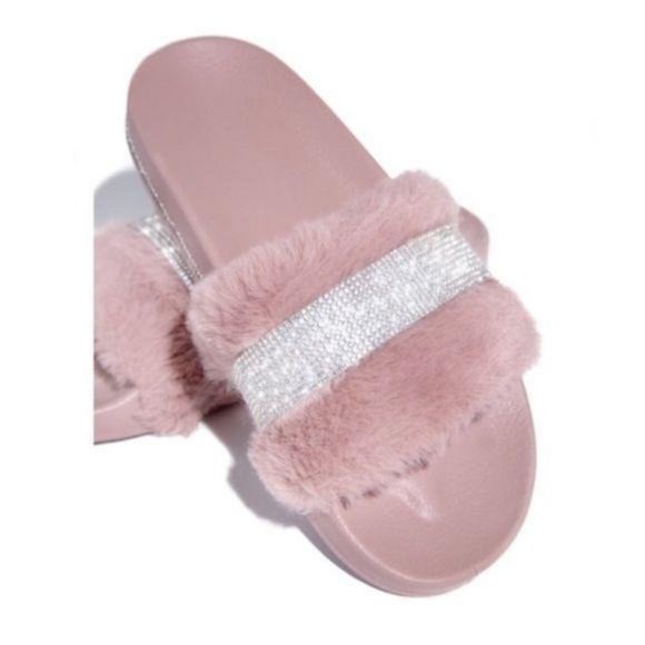 !! NEW !! Faux Fur Embellished Slides in Mauve - Picture 5 of 5